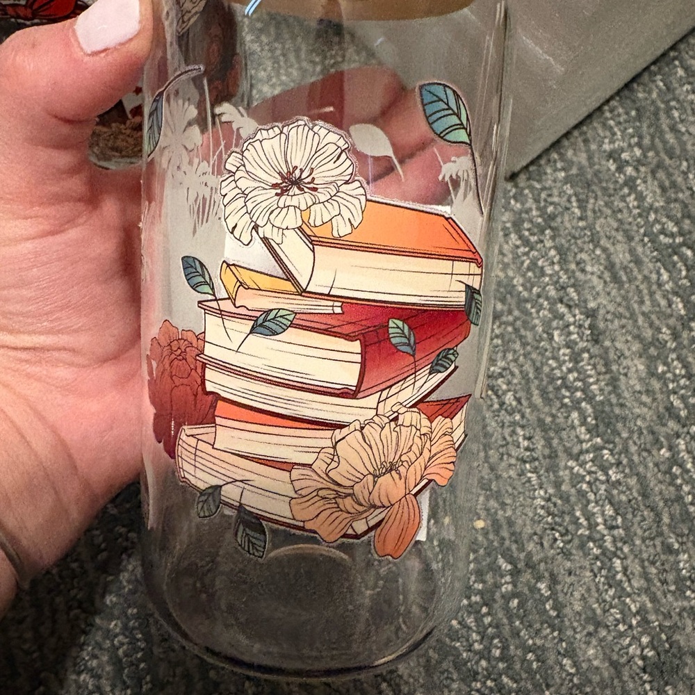 Floral and Book Design Glass Vase
